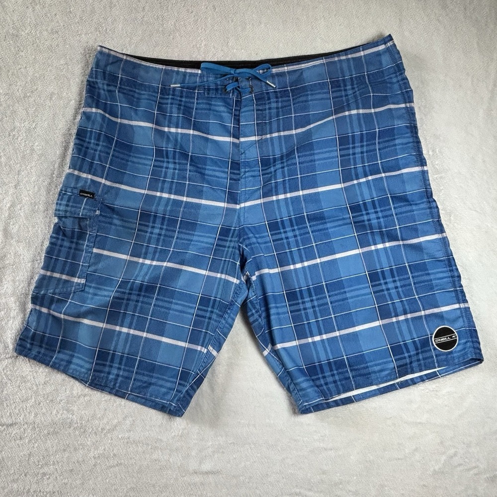 O'Neill Size 40 Blue Plaid Cargo Board Shorts Swim Bottoms No Liner  Drawstring